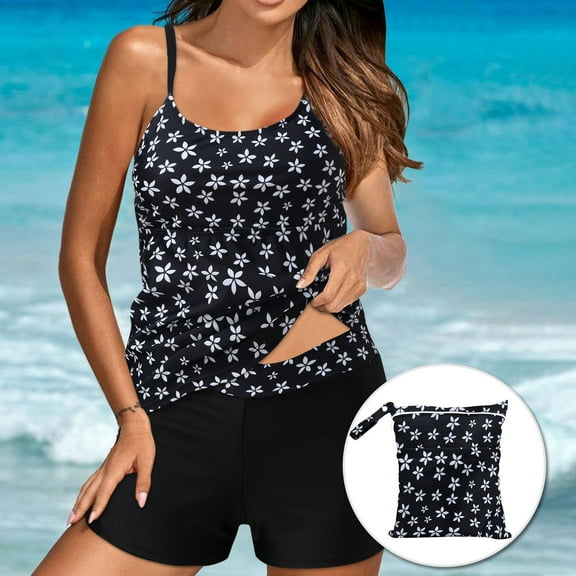 qucoqpe Tankini Swimsuits for Women with Storage Bag Loose Fit Floral Print Two Piece Modest Bathing Suits