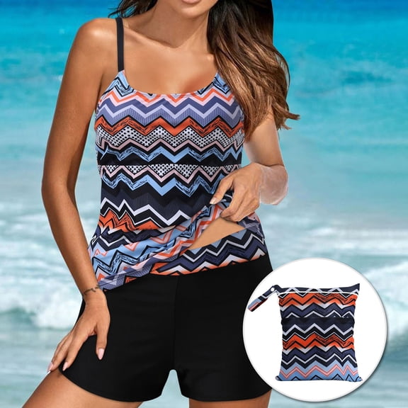 qucoqpe Tankini Swimsuits for Women with Storage Bag Loose Fit Stripe Print Two Piece Modest Bathing Suits