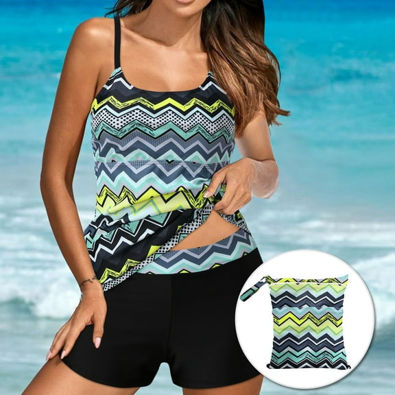 qucoqpe Tankini Swimsuits for Women with Storage Bag Loose Fit Stripe Print Two Piece Modest Bathing Suits