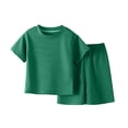 thumbnail image 1 of qucoqpe Toddler Little Boys and Girls Summer 2 Piece Outfits Basic Casual Loose Solid Crewneck Short Sleeve Thin T-Shirt with Straight Leg Shorts Matching Sets for 1-14 Years, 1 of 7