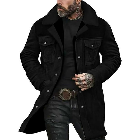 qucoqpe Trench Coat Men Casual Winter Long Button Down Jackets Long Sleeve Faux Suede Leather Warm Fleece Pea Coat Overcoat