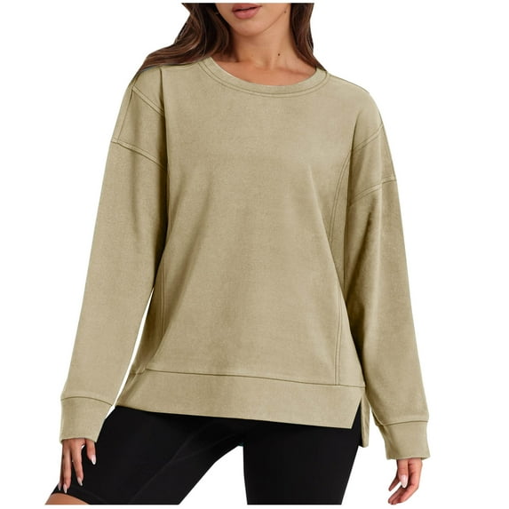 qucoqpe Trend Queen Sweatshirt Fall Fashion Solid Color Crewneck Sweatshirts Oversized Casual Soft Long Sleeve Top Beige L
