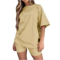 thumbnail image 1 of qucoqpe Two Piece Outfits for Women Casual Summer Letter Print Short Sleeve T-Shirt and Bodycon Biker Shorts Tracksuits Pants Set Workout Shorts Jogger Sets, 1 of 4