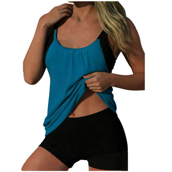 qucoqpe Two-Piece Tankini Swimsuit for Women Color Block High Waisted Bathing Suit Women's Blouson Push-Up Strappy T-Back Tankini Top with Shorts