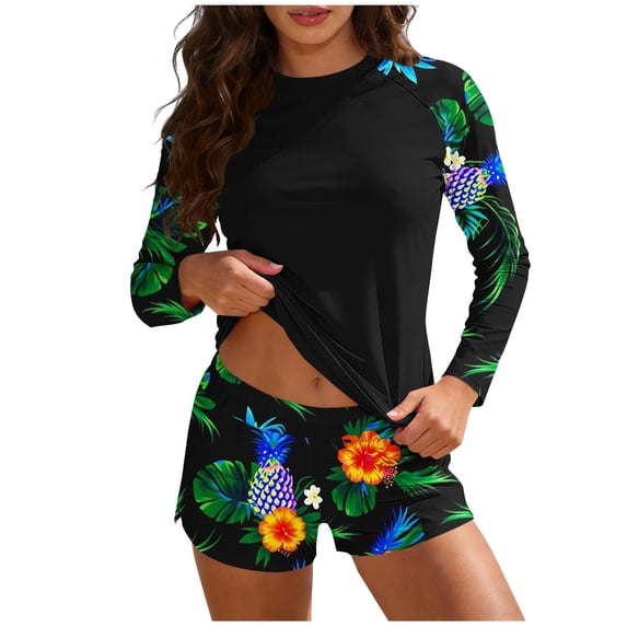 qucoqpe Two Piece Tankini Swimsuits for Women Fashion Floral Print Full Coverage Modest Bathing Suits Beach Sporty Long Sleeve Swimwear with Shorts