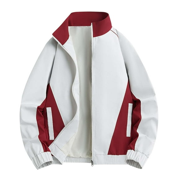 qucoqpe Unique Color Block Oversized Jackets for Men Lightweight Cozy Stand Collar Long Sleeve Zip-Up Athletic Coat