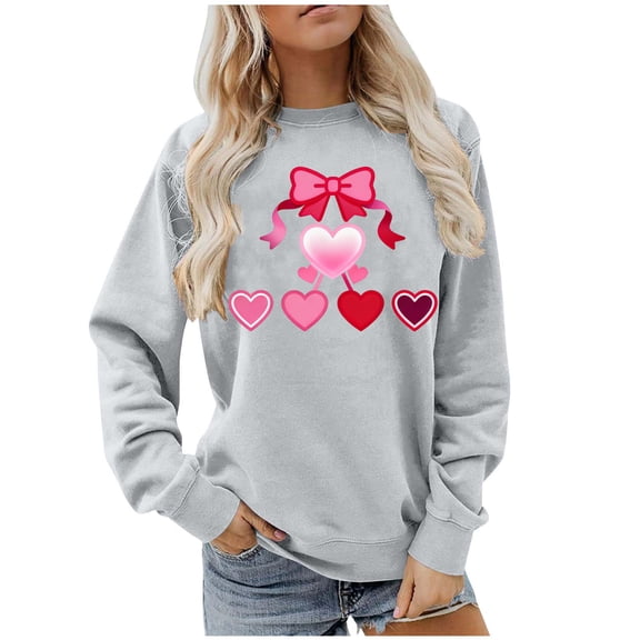 qucoqpe Valentine's Day Long Sleeve Shirts for Women Fashion Love Heart Printed Crew Neck Pullover Tops Casual Oversized Sweatshirt for Women