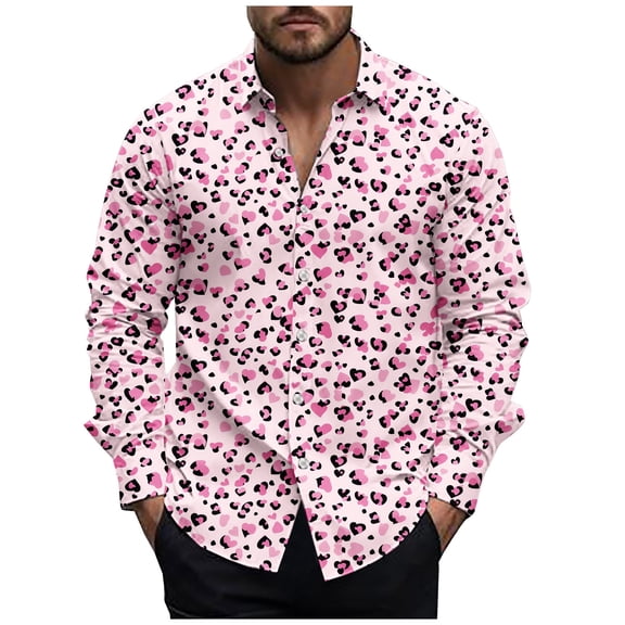 qucoqpe Valentine's Day Shirts for Men 2026 Spring Fashion Casual Love Heart Printed Long Sleeve Button Up Loose Blouse Tops