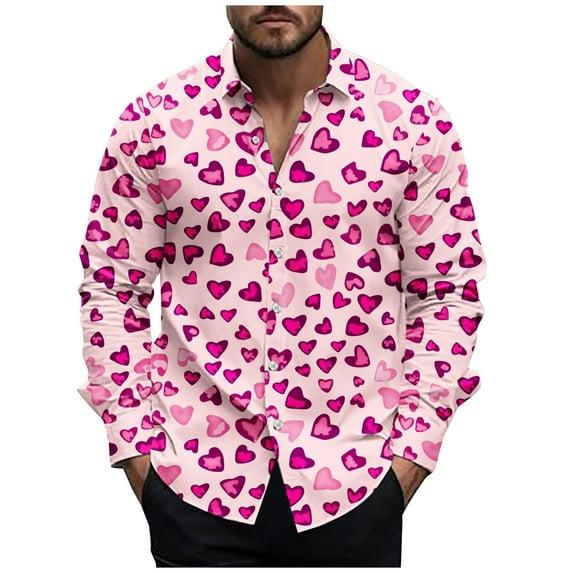 qucoqpe Valentine's Day Shirts for Men 2026 Spring Fashion Casual Love Heart Printed Long Sleeve Button Up Loose Blouse Tops