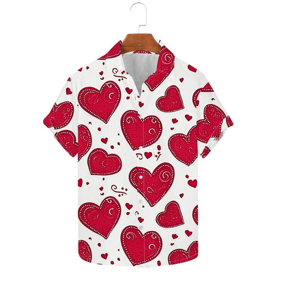 qucoqpe Valentine's Day Shirts for Men 2026 Spring Summer Fashion Heart Printed Turndown Neck Short Sleeve T-shirt Casual Loose Blouse Tee Tops