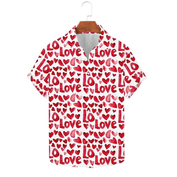 qucoqpe Valentine's Day Shirts for Men 2026 Spring Summer Fashion Heart Printed Turndown Neck Short Sleeve T-shirt Casual Loose Blouse Tee Tops