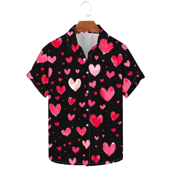 qucoqpe Valentine's Day Shirts for Men 2026 Spring Summer Fashion Heart Printed Turndown Neck Short Sleeve T-shirt Casual Loose Blouse Tee Tops