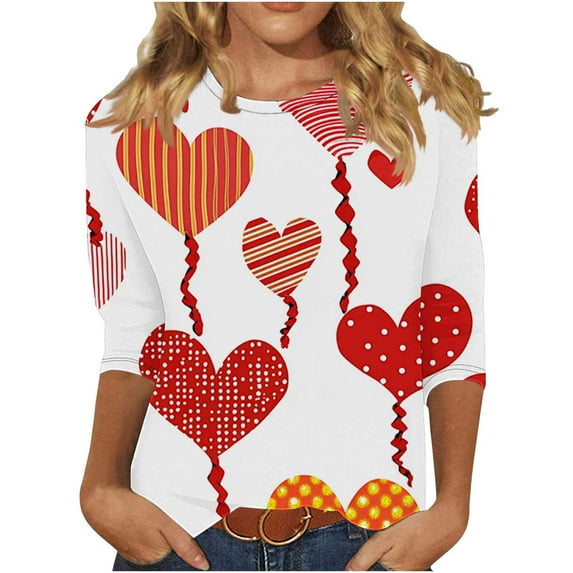 qucoqpe Valentine's Day Shirts for Women 2026 Spring Summer Fashion Heart Printed Round Neck 3/4 Sleeve T-shirt Casual Loose Blouse Tee Tops