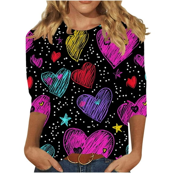 qucoqpe Valentine's Day Shirts for Women 2026 Spring Summer Fashion Heart Printed Round Neck 3/4 Sleeve T-shirt Casual Loose Blouse Tee Tops