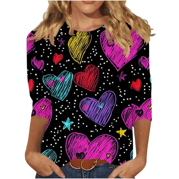 qucoqpe Valentine's Day Shirts for Women 2026 Spring Summer Fashion Heart Printed Round Neck 3/4 Sleeve T-shirt Casual Loose Blouse Tee Tops