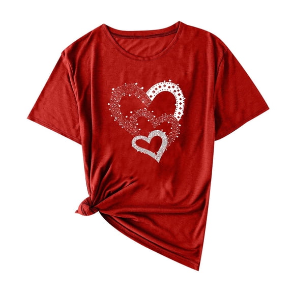 qucoqpe Valentine's Day Shirts for Women Fashion Love Heart Printed Crewneck Short Sleeve Casual Loose Blouses Tops