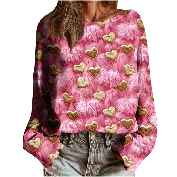 qucoqpe Valentine's Day Sweatshirts for Women Fashion Casual Heart Printed Round Neck Long Sleeve Loose Pullover Tops