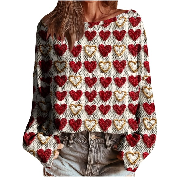 qucoqpe Valentine's Day Sweatshirts for Women Fashion Casual Heart Printed Round Neck Long Sleeve Loose Pullover Tops