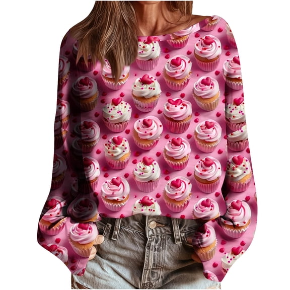 qucoqpe Valentine's Day Sweatshirts for Women Fashion Casual Heart Printed Round Neck Long Sleeve Loose Pullover Tops
