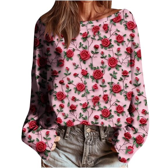 qucoqpe Valentine's Day Sweatshirts for Women Fashion Casual Heart Printed Round Neck Long Sleeve Loose Pullover Tops