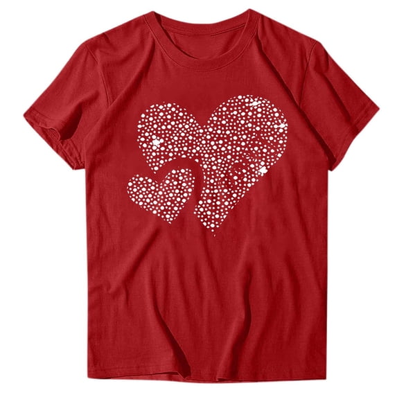 qucoqpe Valentine's Day Tops for Women Fashion Love Heart Printed Crew Neck Short Sleeve Casual Loose Blouse T-Shirts