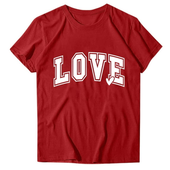 qucoqpe Valentine's Day Tops for Women Fashion Love Heart Printed Crew Neck Short Sleeve Casual Loose Blouse T-Shirts