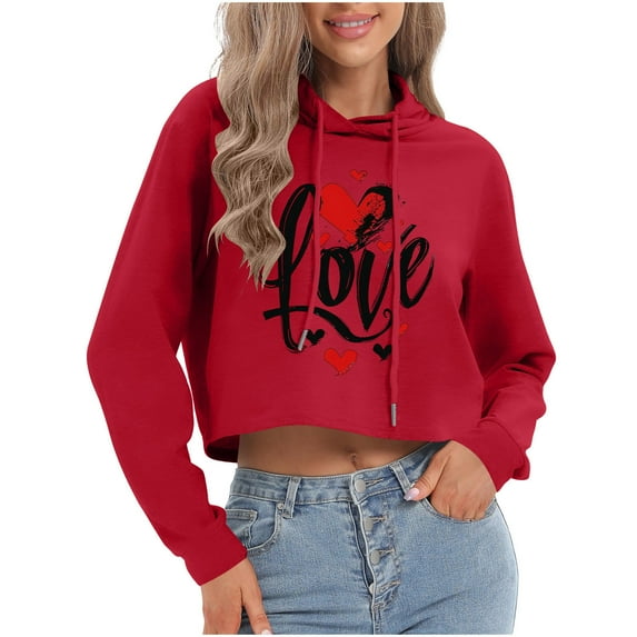 qucoqpe Valentine's Day Women's Sweatshirt Fashion Love Heart Printed Crewneck Shirt Tops Casual Long Sleeve Adjustable Drawstring Hoodies