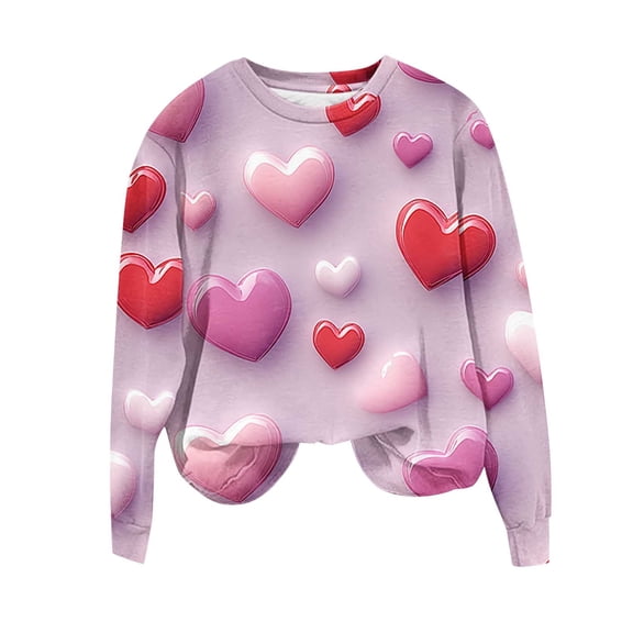 qucoqpe Valentine's Day Womens Tops Fashion Heart Printed Crew Neck Pullover Shirts Long Sleeve Sweatshirts