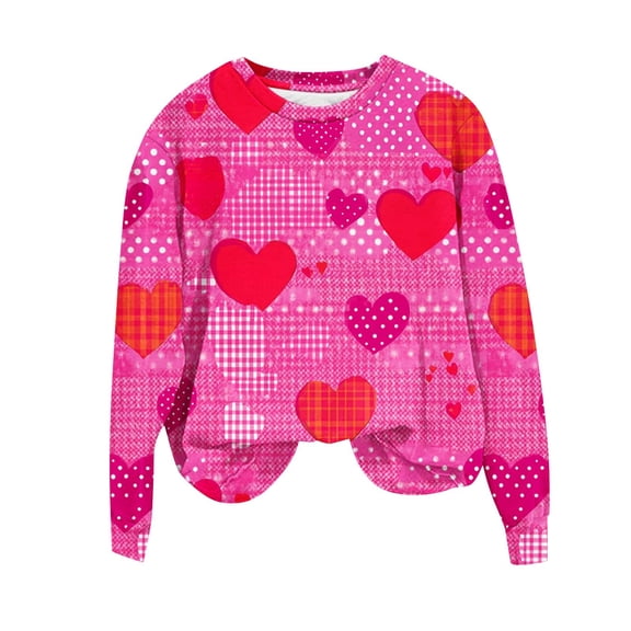 qucoqpe Valentine's Day Womens Tops Fashion Heart Printed Crew Neck Pullover Shirts Long Sleeve Sweatshirts