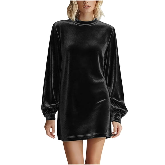qucoqpe Velvet Dress for Women Trendy Puff Sleeve Crew Neck Elegant Cocktail Party Mini Dresses