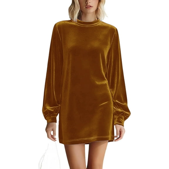 qucoqpe Velvet Dress for Women Trendy Puff Sleeve Crew Neck Elegant Cocktail Party Mini Dresses