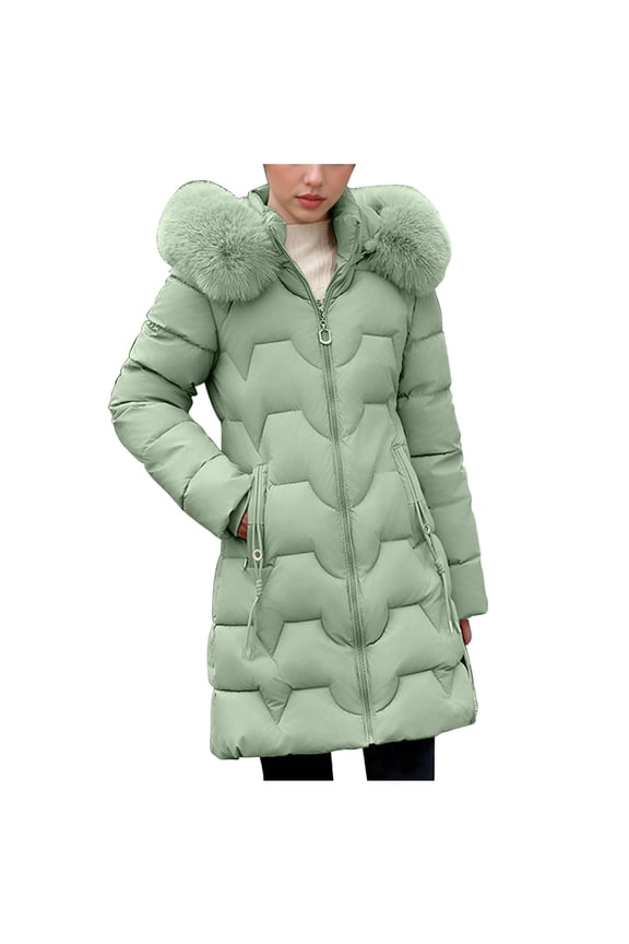 Winter Clothing for Women Trendy Elegant Winter Long Parka Quilted Coat with Furry Hood Thicken Warm Snow Wear Padded Puffer Jacket Lightweight Zip up Overcoat