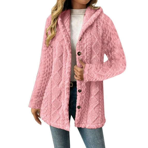 qucoqpe Winter Clothing for Women Plus Size Winter Fuzzy Fleece Coats Trendy Wram Button Down Long Sleeve Hoodie Jacket