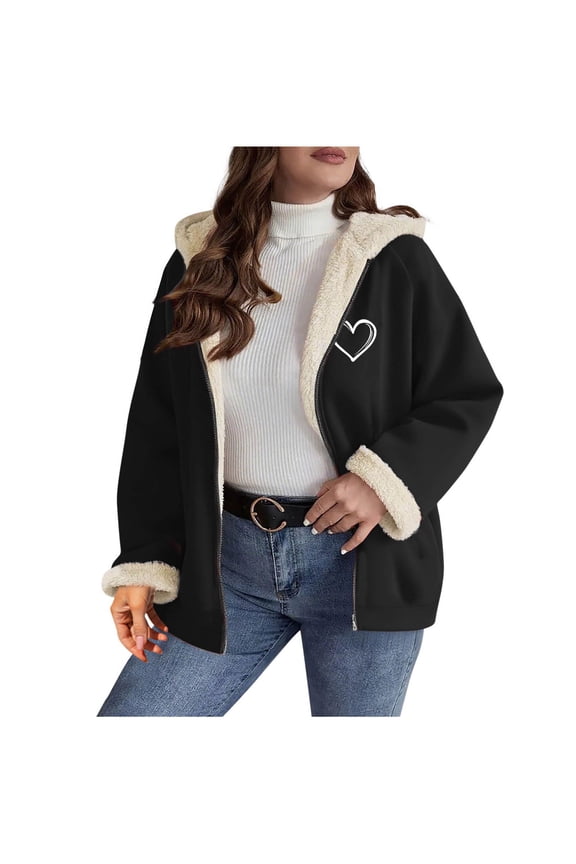 Winter Clothing for Women Trendy Fall Fleece Zip Up Hoodie Jacket Casual Heart Print Warm Long Sleeve Hooded Coat Top