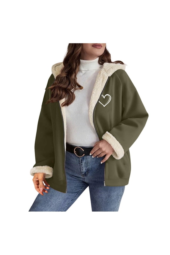Winter Clothing for Women Trendy Fall Fleece Zip Up Hoodie Jacket Casual Heart Print Warm Long Sleeve Hooded Coat Top