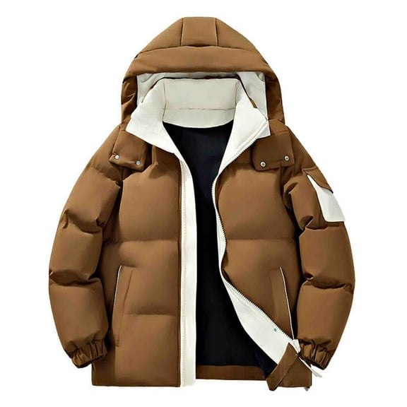 qucoqpe Winter Coats for Men 2025 Winter Fashion‌ Colorblock Patchwork Sports Parkas Long Sleeve Zip Up Windproof Jacket Pocketed Coats with Detachable Hooded
