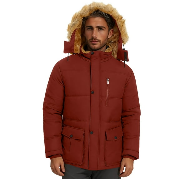 qucoqpe Winter Fleece-Lined Parka Jackets for Men Trendy Long Sleeve Full-Zip Warm Hooded Windbreaker Coat