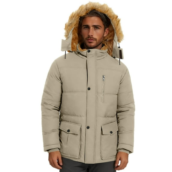qucoqpe Winter Fleece-Lined Parka Jackets for Men Trendy Long Sleeve Full-Zip Warm Hooded Windbreaker Coat