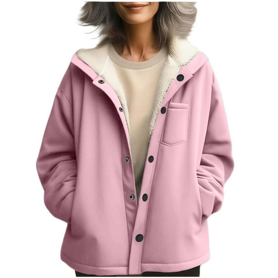 qucoqpe Winter Hoodies Jackets for Women Plushy Lining Button Down Fleece Coat with Pockets Womens Thick Warm Hooded Tops