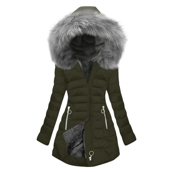 qucoqpe Winter Plus Size Padded Coats for Women Fashion Solid Fleece Lined Hooded Outerwear Tops Warm Zip-Up Puffer Jacket