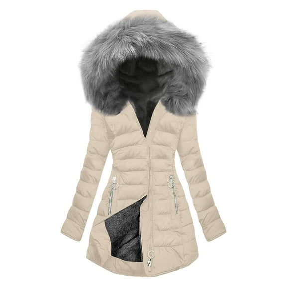 qucoqpe Winter Plus Size Padded Coats for Women Fashion Solid Fleece Lined Hooded Outerwear Tops Warm Zip-Up Puffer Jacket