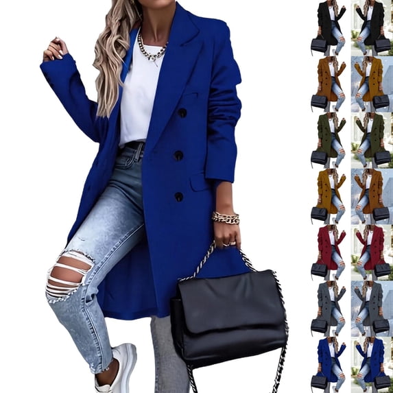 qucoqpe Women 2026 Fall Winter Fashion Casual Solid Turndown Collar Pea Coats Long Sleeve Doule Breasted Button Jackets Outwear with Flap Pockets