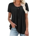 thumbnail image 1 of qucoqpe Women Casual Solid Short Sleeve Crew Neck Smocked Ruffle Hem Flowy Tops Fashion Summer Loose Fit Basic Tunic Blouses, 1 of 5