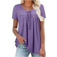 thumbnail image 1 of qucoqpe Women Casual Solid Short Sleeve Crew Neck Smocked Ruffle Hem Flowy Tops Fashion Summer Loose Fit Basic Tunic Blouses on Clearance, 1 of 5