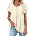 thumbnail image 1 of qucoqpe Women Casual Solid Short Sleeve Crew Neck Smocked Ruffle Hem Flowy Tops Fashion Summer Loose Fit Basic Tunic Blouses on Clearance, 1 of 5