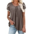 thumbnail image 1 of qucoqpe Women Casual Solid Short Sleeve Crew Neck Smocked Ruffle Hem Flowy Tops Fashion Summer Loose Fit Basic Tunic Blouses on Clearance, 1 of 5