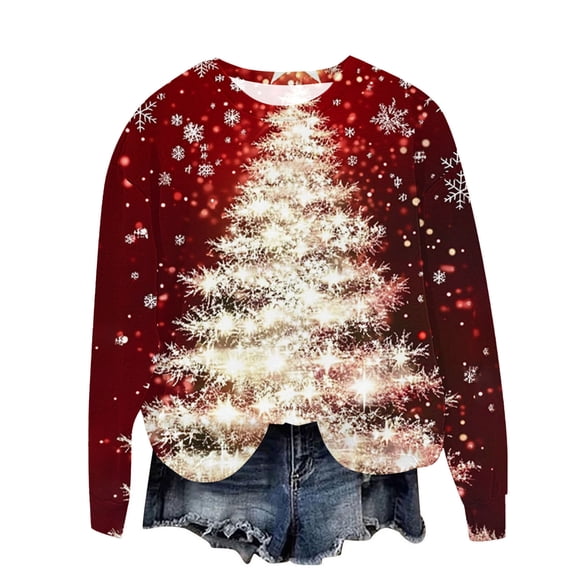 qucoqpe Women Christmas Tree Sweatshirts Long Sleeve Casual Pullover Top Fall Winter Fashion Holiday Knit Sweater Shirts