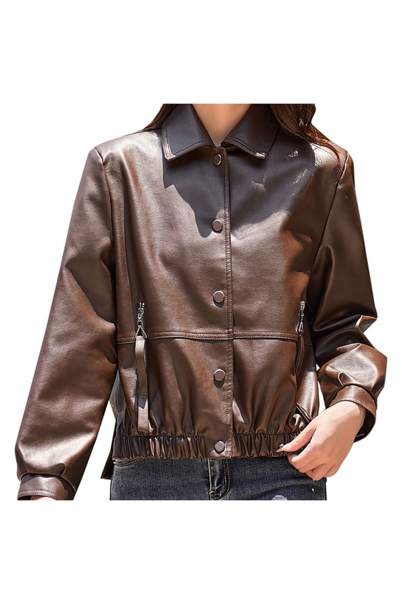 Women Faux Leather Jackets/Shacket for Spring and Fall Fashion, Vegan Leather Snap Button Shirts/Coats on Clearance