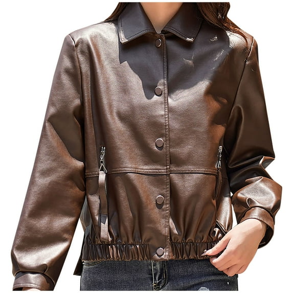 qucoqpe Women Faux Leather Jackets/Shacket for Spring and Fall Fashion, Vegan Leather Snap Button Shirts/Coats on Clearance