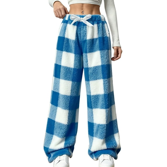 qucoqpe Women Fuzzy Pajama Pants Plushy Elastic Waist Wide Leg Winter Warm Fleece Lounge Bottoms
